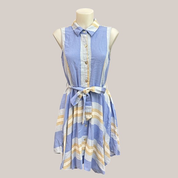 1. State Dresses & Skirts - 1. State Blue Cream Striped Collared Linen Midi Belted Fit & Flare Dress Size M